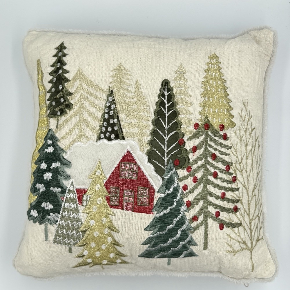 Celerie Kemble Winter Village Christmas Pillow 15x15 Embroidered Trees House‎